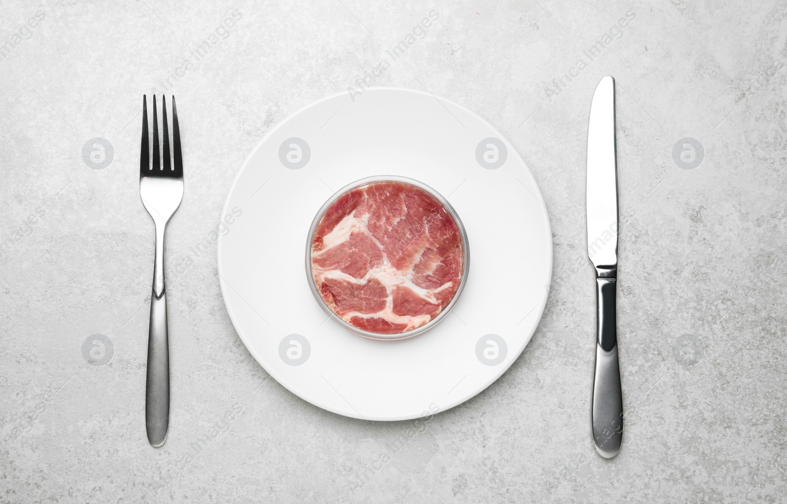 Photo of Lab grown meat in Petri dish served on light grey table, flat lay
