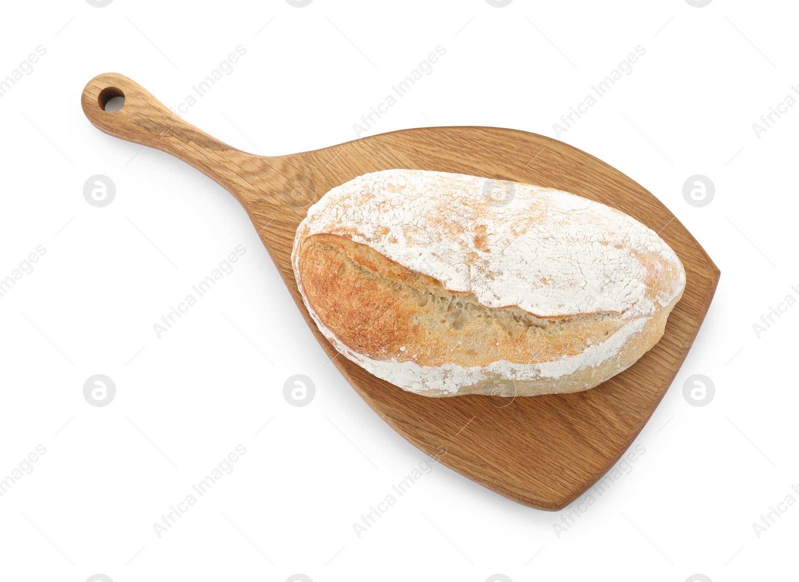 Photo of Freshly baked sourdough bread isolated on white, top view