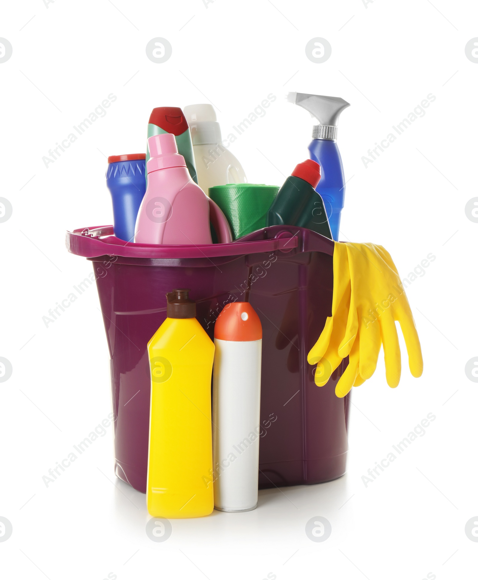 Photo of Bucket with cleaning supplies on white background