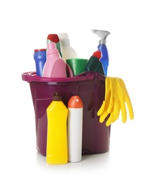 Photo of Bucket with cleaning supplies on white background