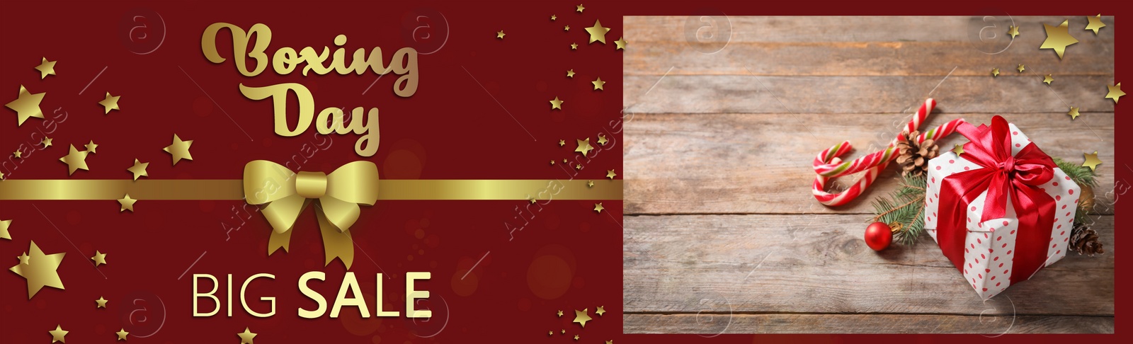 Image of Text Boxing Day Big Sale on red background and wooden table with gift. Banner design