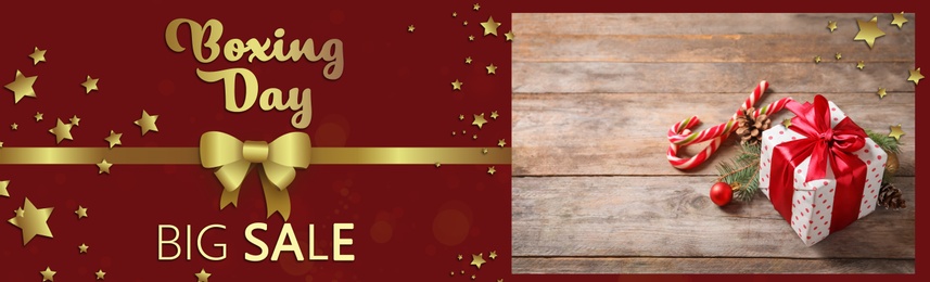 Image of Text Boxing Day Big Sale on red background and wooden table with gift. Banner design