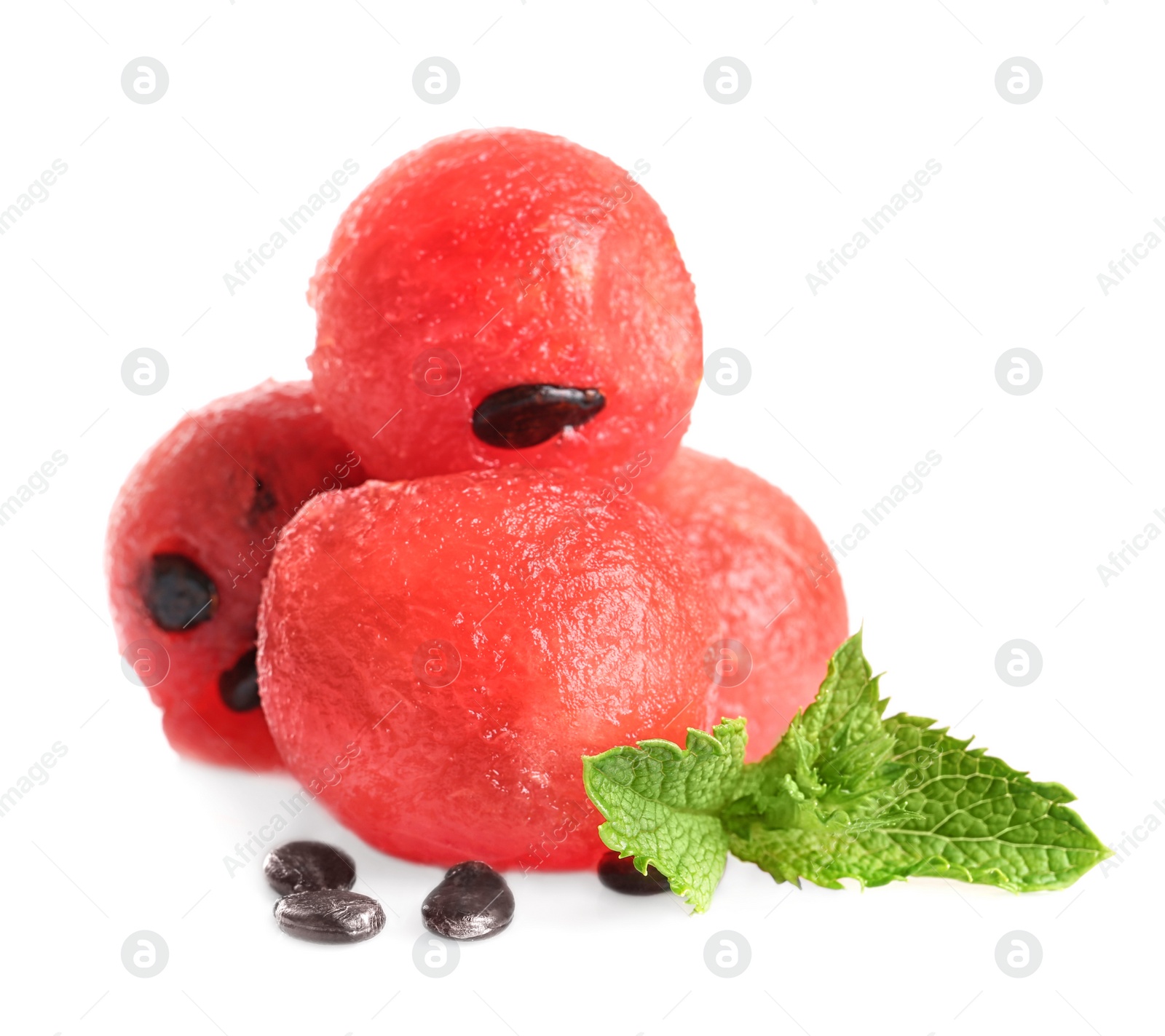 Photo of Juicy sweet watermelon balls with mint on white background