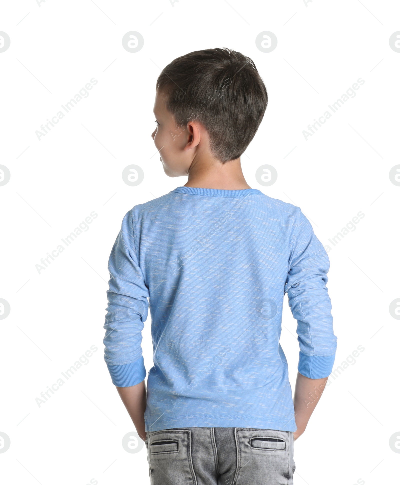 Photo of Little boy in long sleeve t-shirt on white background. Mock-up for design