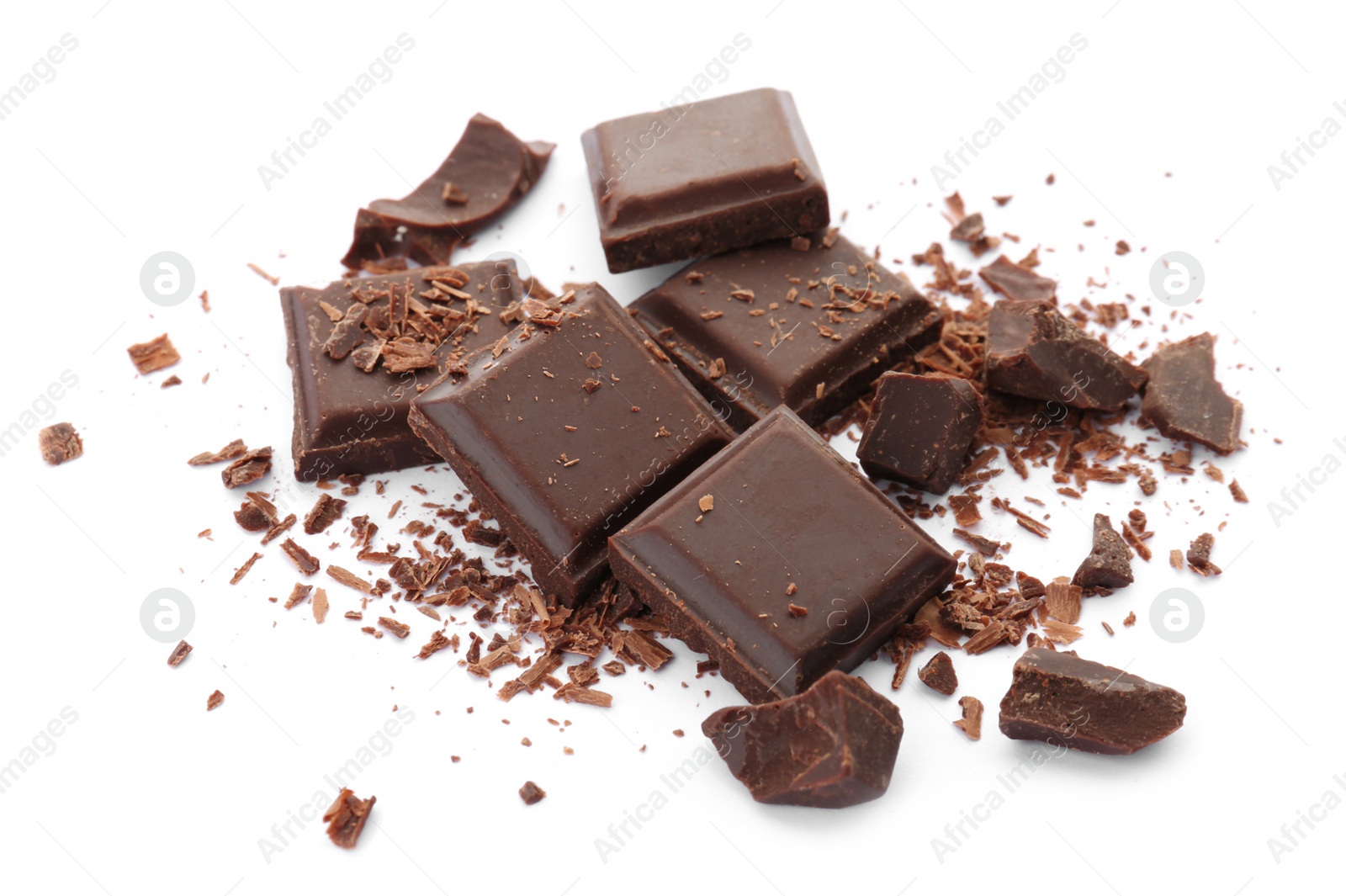 Photo of Delicious black chocolate pieces on white background