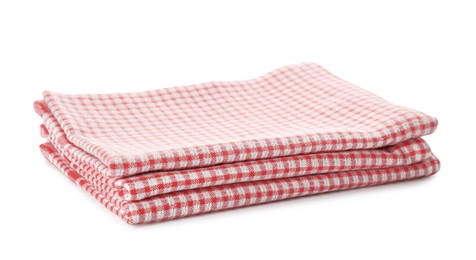 Photo of Red checkered kitchen towels isolated on white