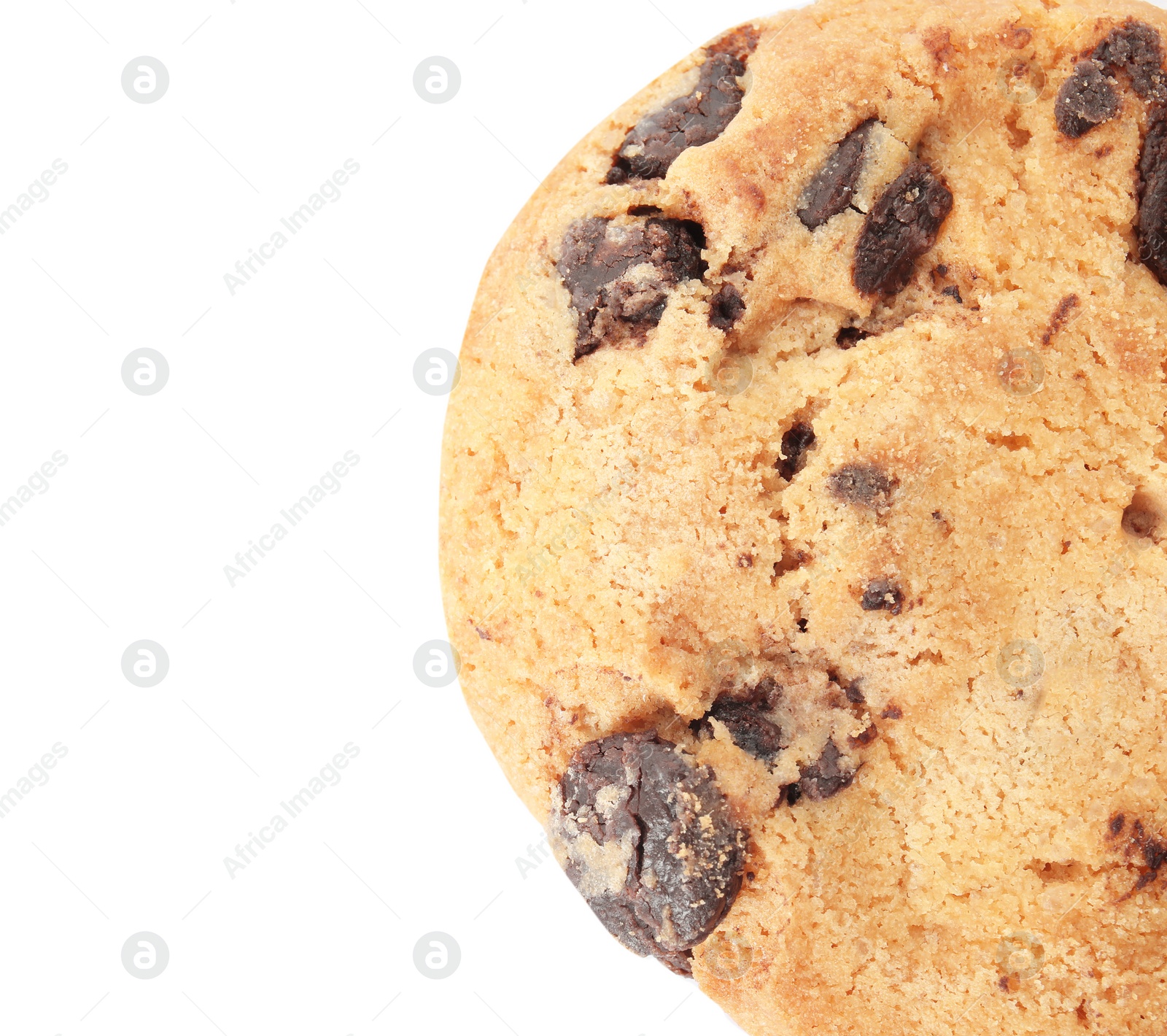 Photo of Tasty chocolate chip cookie on white background, top view