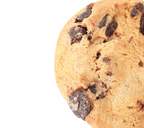 Photo of Tasty chocolate chip cookie on white background, top view