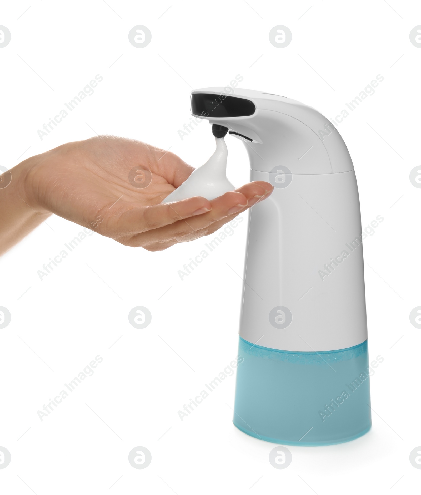 Photo of Woman using automatic soap dispenser on white background, closeup