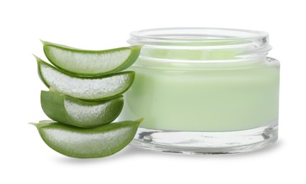 Photo of Jar of natural cream and cut aloe leaves isolated on white