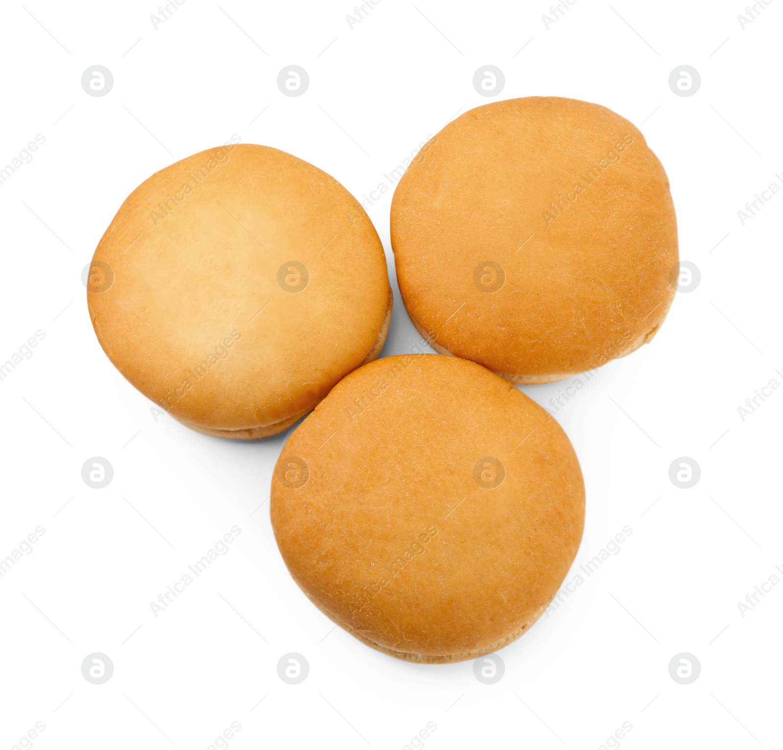 Photo of Fresh hamburger buns isolated on white, top view