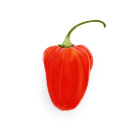 Photo of Fresh raw hot chili pepper isolated on white, top view