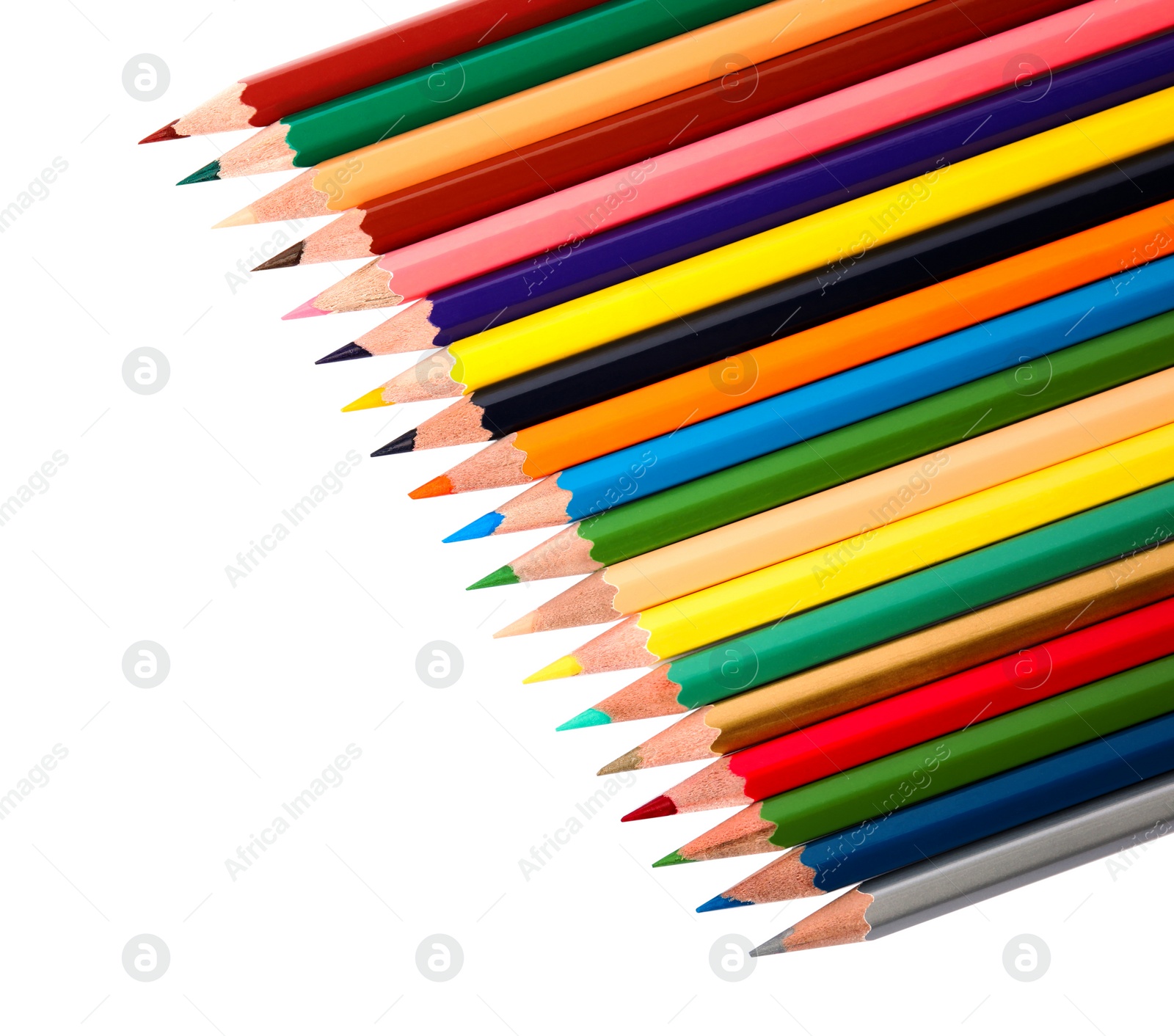 Photo of Different color pencils on white background. School stationery