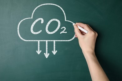 Reduce carbon emissions. Woman drawing cloud with chemical formula CO2 on green chalkboard, closeup