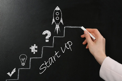 Image of Business startup concept. Woman drawing stairs with rocket and icons on blackboard, closeup