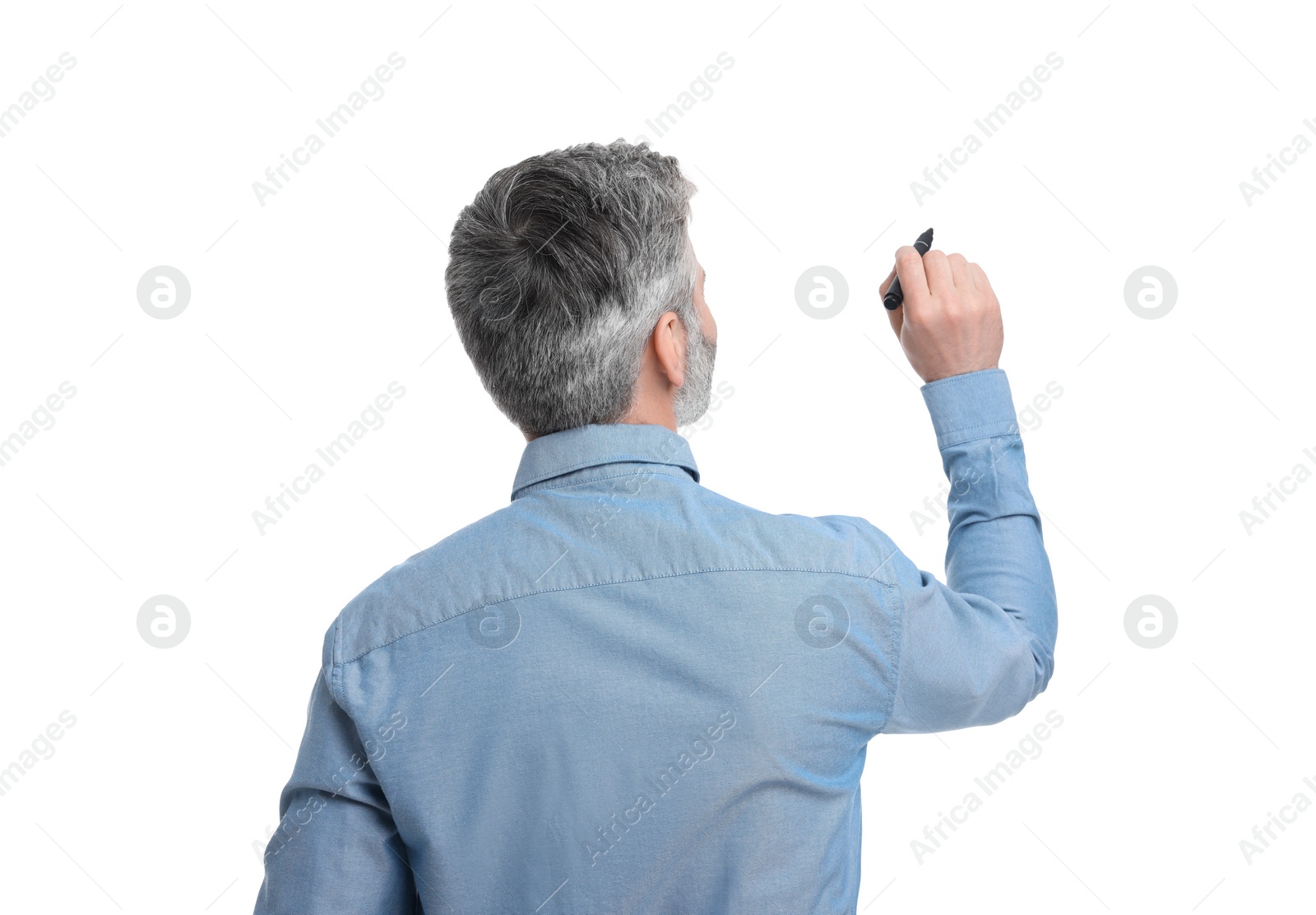 Photo of Mature businessman with marker on white background, back view