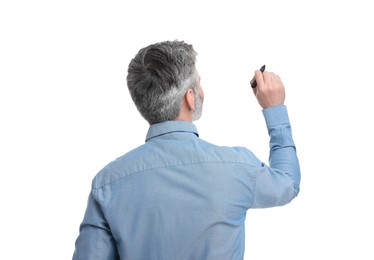 Mature businessman with marker on white background, back view