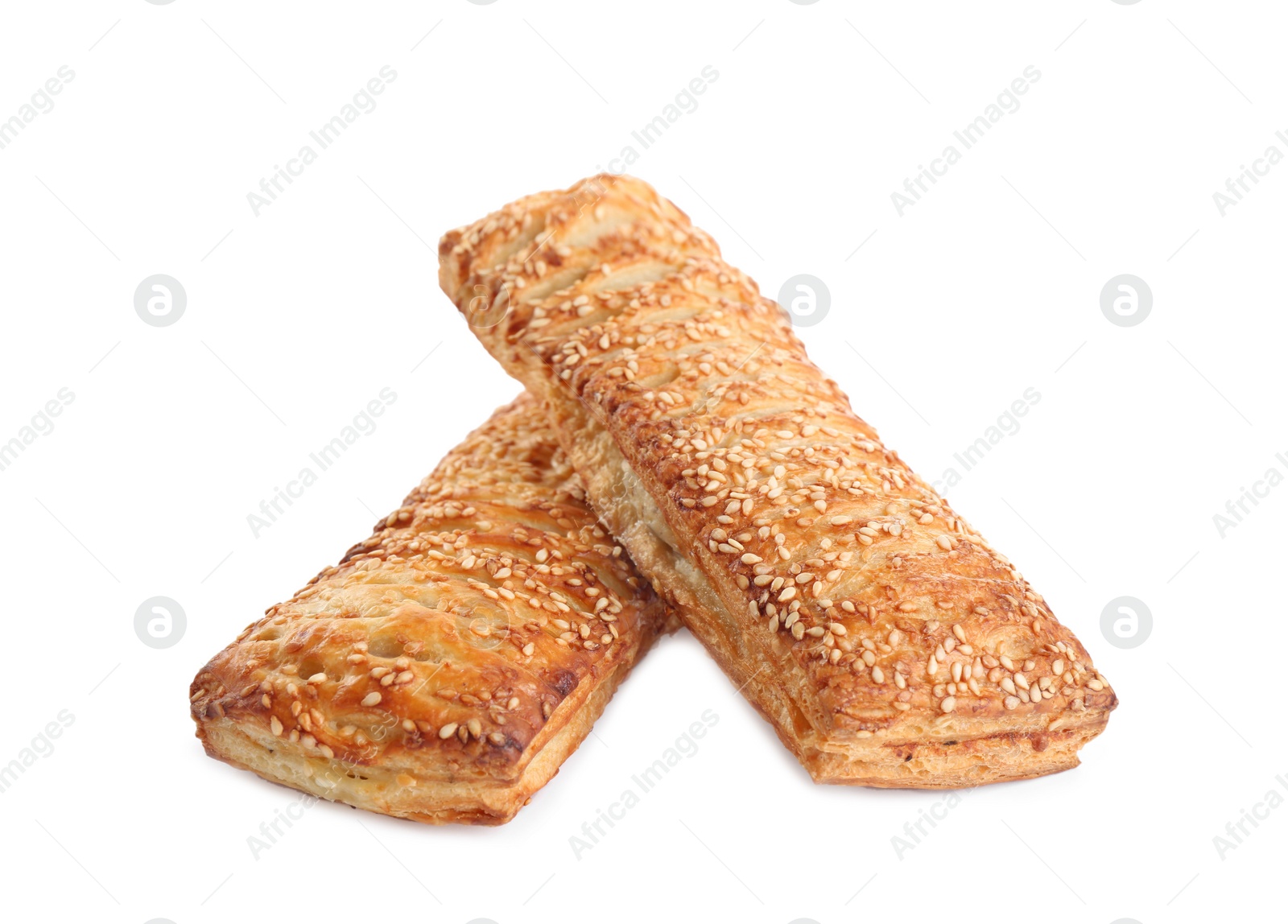 Photo of Fresh tasty puff pastry on white background