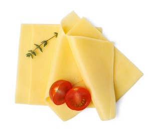 Slices of tasty fresh cheese, thyme and tomato isolated on white, top view