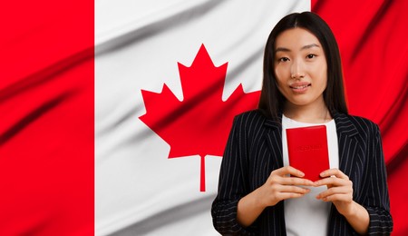 Immigration. Woman with passport against national flag of Canada, space for text. Banner design