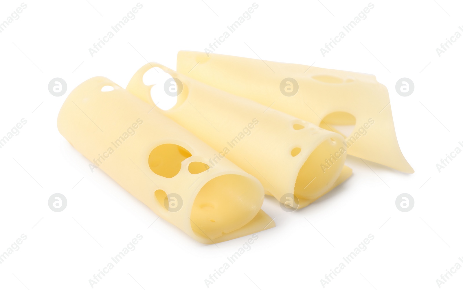 Photo of Slices of tasty fresh cheese isolated on white