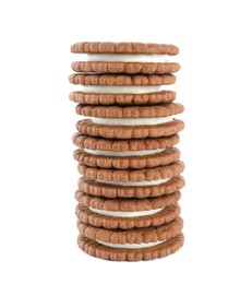 Photo of Stack of tasty chocolate sandwich cookies on white background