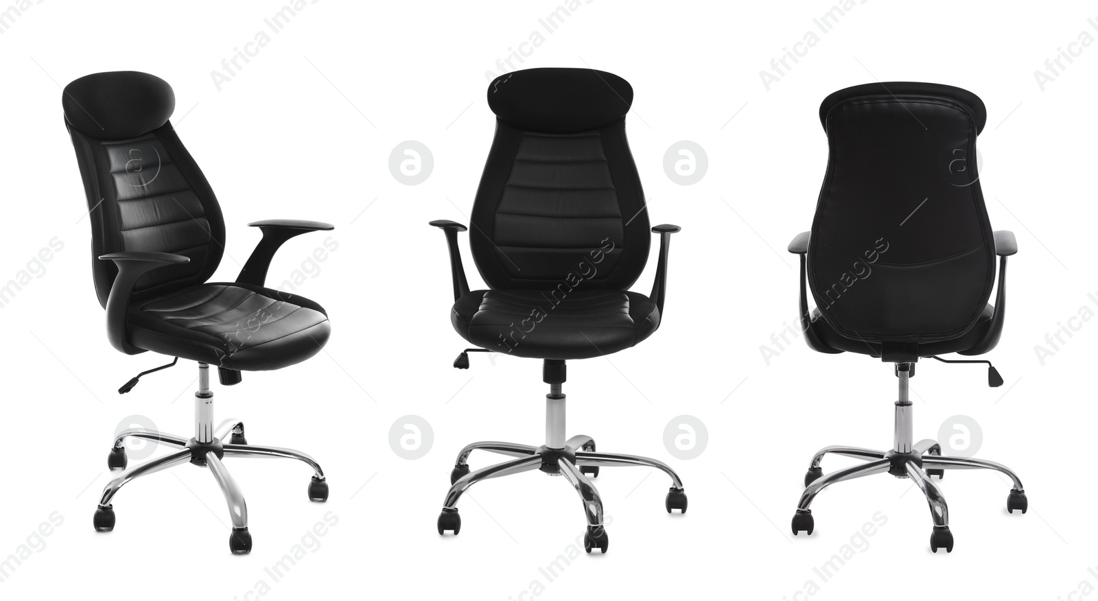 Image of Set with black office chairs with leather seats on white background. Banner design