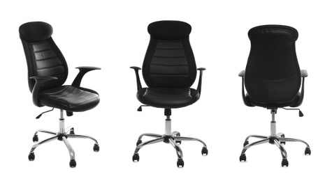 Image of Set with black office chairs with leather seats on white background. Banner design