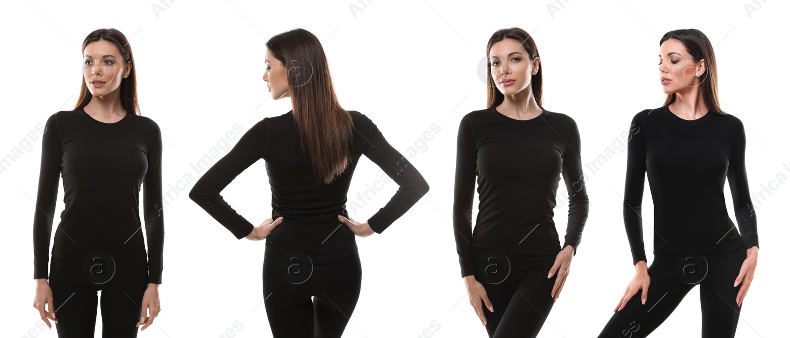 Image of Collage of woman wearing thermal underwear isolated on white