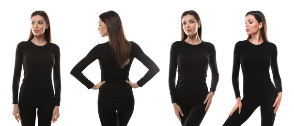 Image of Collage of woman wearing thermal underwear isolated on white