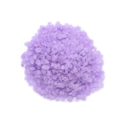 Photo of Heap of violet sea salt isolated on white, top view