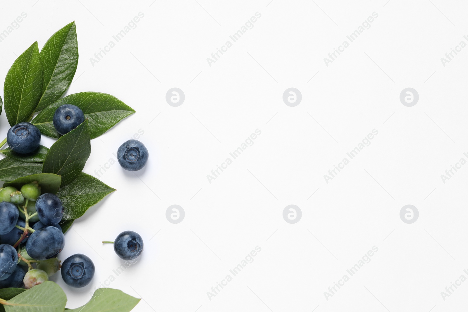 Photo of Tasty fresh blueberries with green leaves on white background, flat lay. Space for text