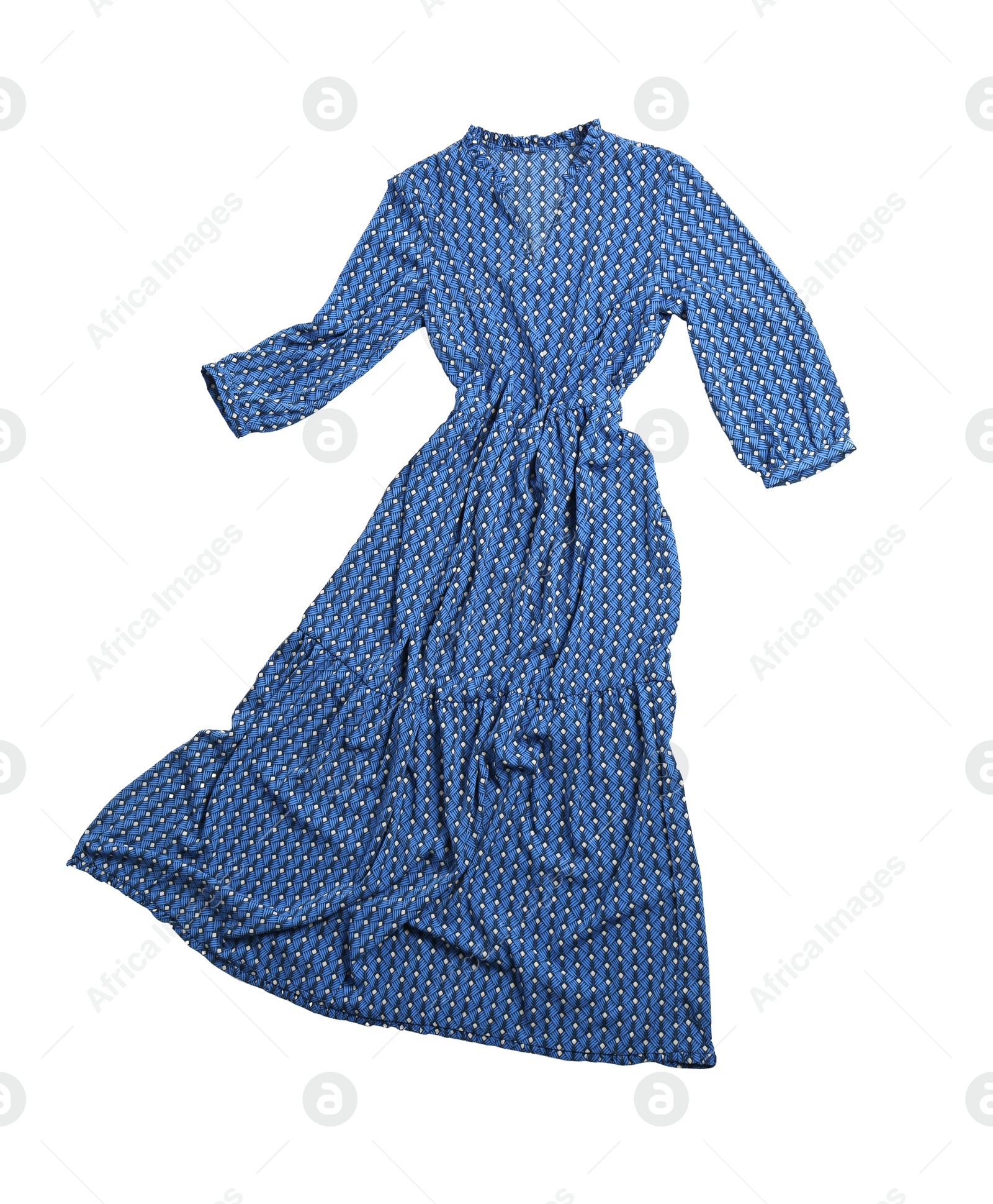 Photo of Long blue dress isolated on white, top view