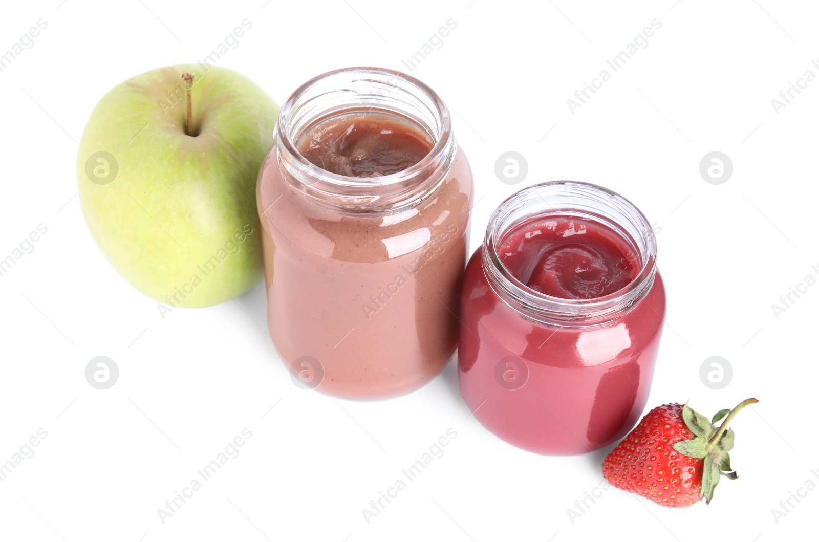 Photo of Baby food in jars and fresh ingredients on white background