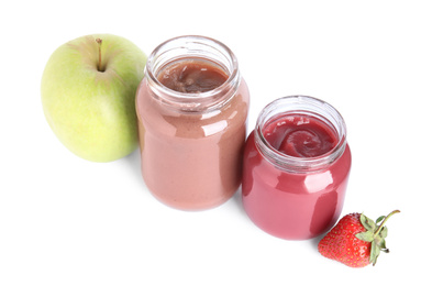 Photo of Baby food in jars and fresh ingredients on white background