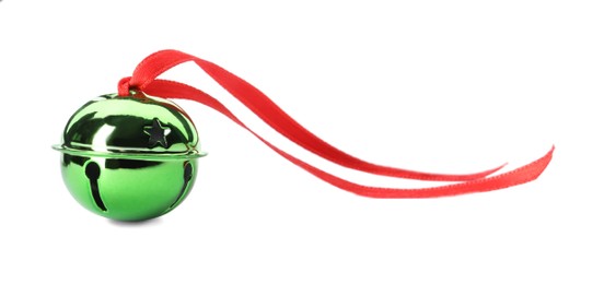 Photo of Shiny green sleigh bell with ribbon isolated on white