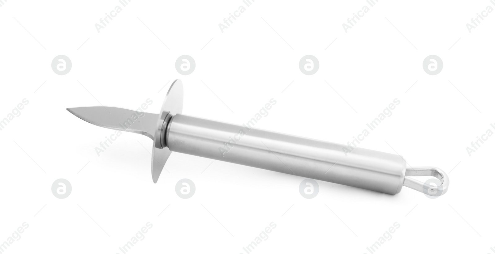 Photo of Oyster knife with black handle isolated on white