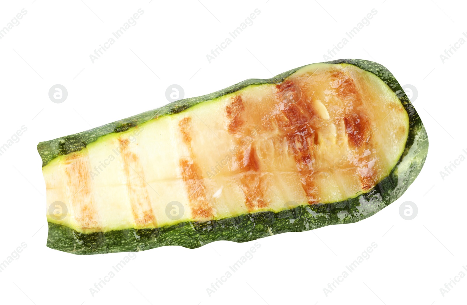 Photo of Delicious piece of grilled zucchini on white background, top view