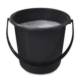 Photo of Black bucket with detergent isolated on white