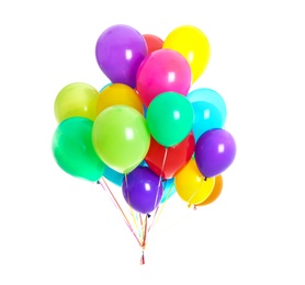 Photo of Bunch of colorful balloons on white background. Festive decor