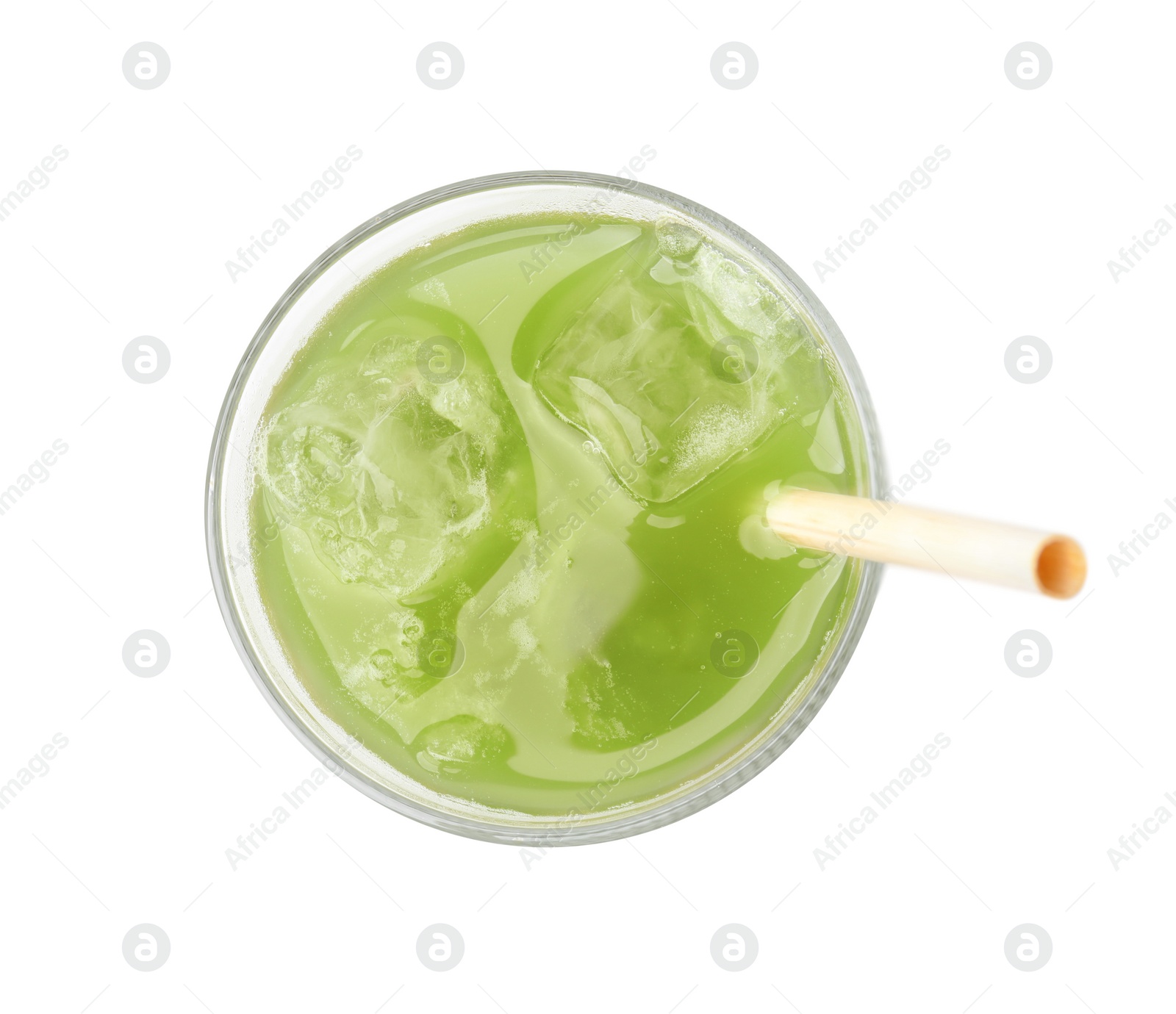 Photo of Glass of delicious iced green matcha tea isolated on white, top view