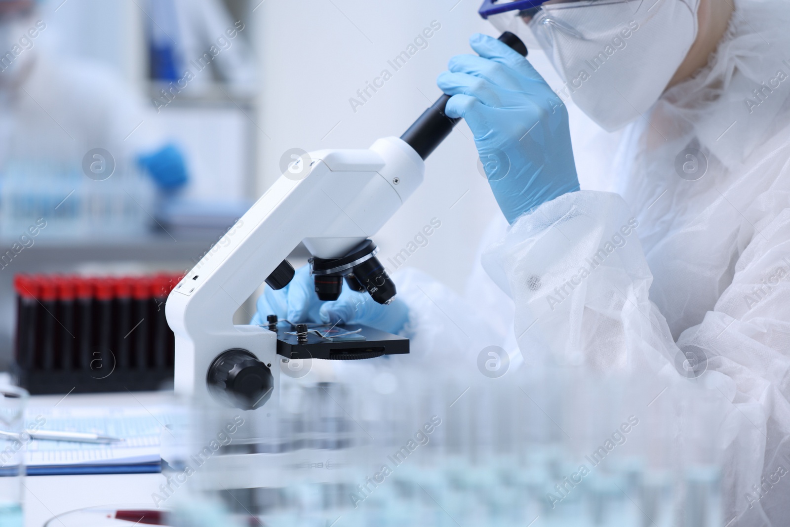 Photo of Scientist working with samples and microscope in laboratory, closeup