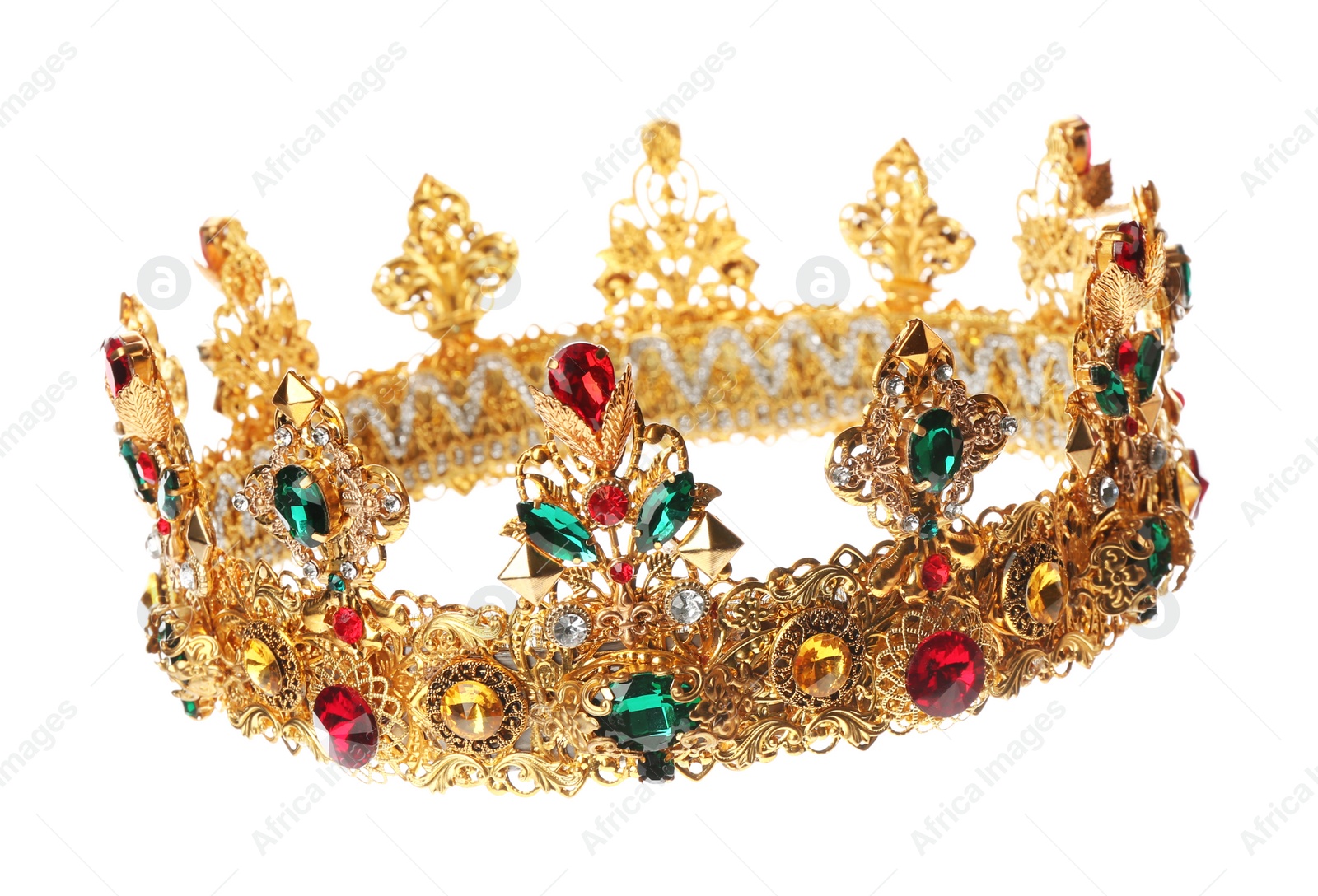 Photo of Beautiful golden crown on white background. Fantasy item