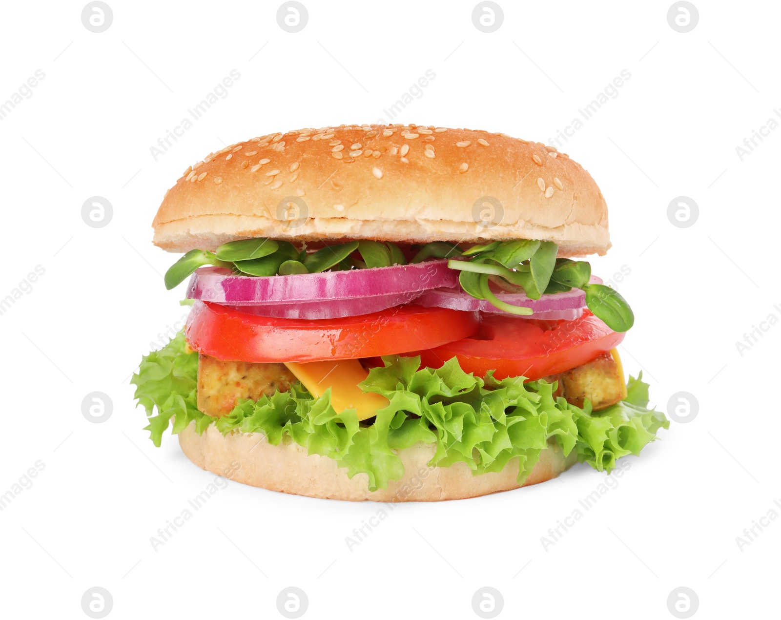 Photo of Delicious burger with tofu and fresh vegetables isolated on white