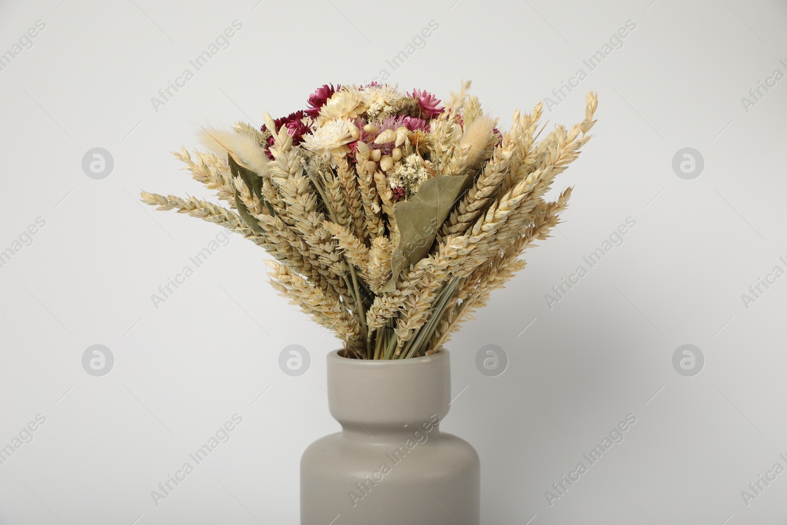 Photo of Beautiful bouquet of dry flowers in ceramic vase on white background