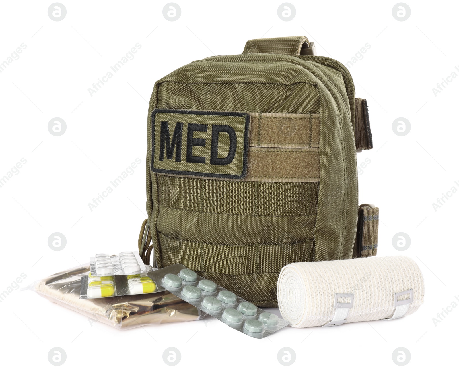 Photo of Military first aid kit with items isolated on white