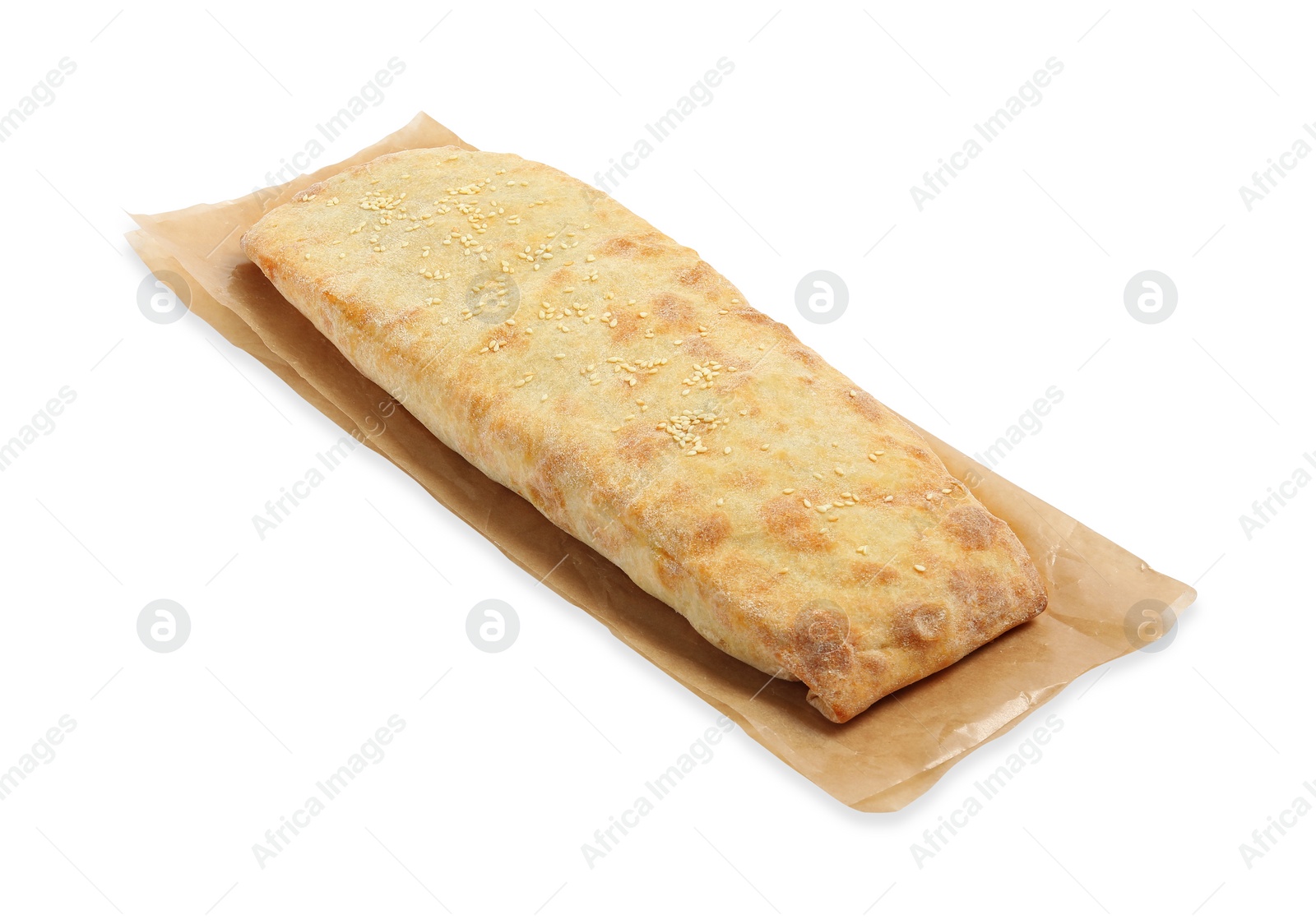 Photo of Delicious strudel with tasty filling isolated on white