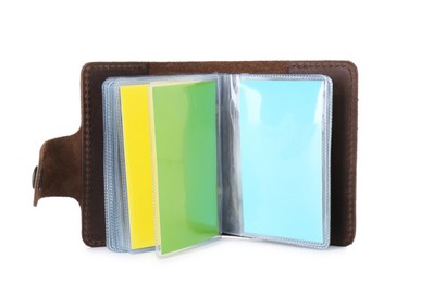 Photo of Leather business card holder with blank cards isolated on white