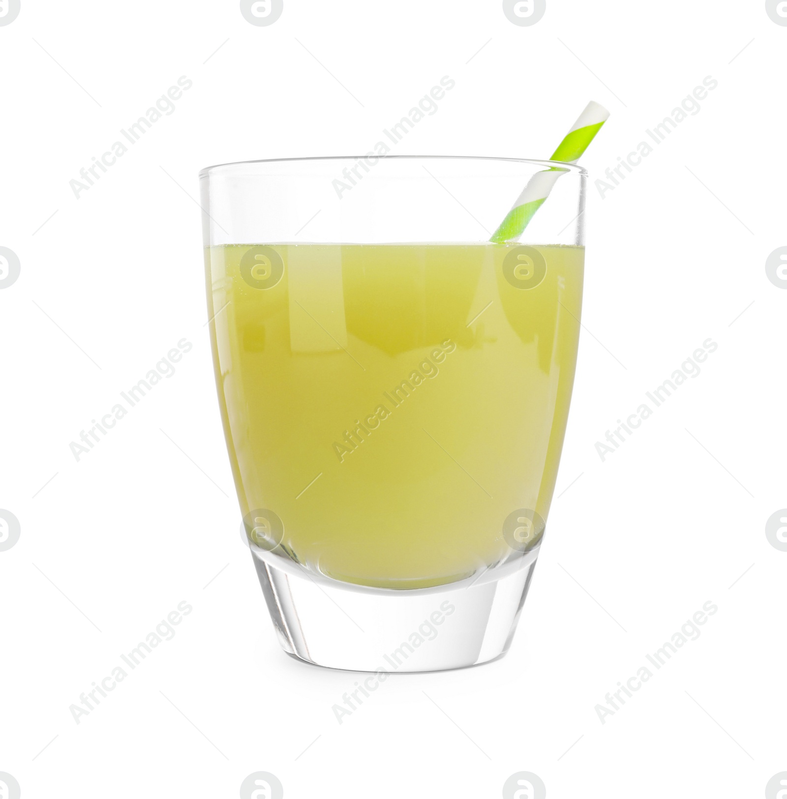 Photo of Glass of gooseberry juice with straw isolated on white