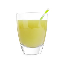 Photo of Glass of gooseberry juice with straw isolated on white